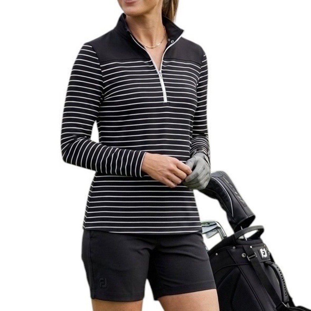 FootJoy Womens Quarter Zip Golf Pullover Black White Striped Long Sleeve Large